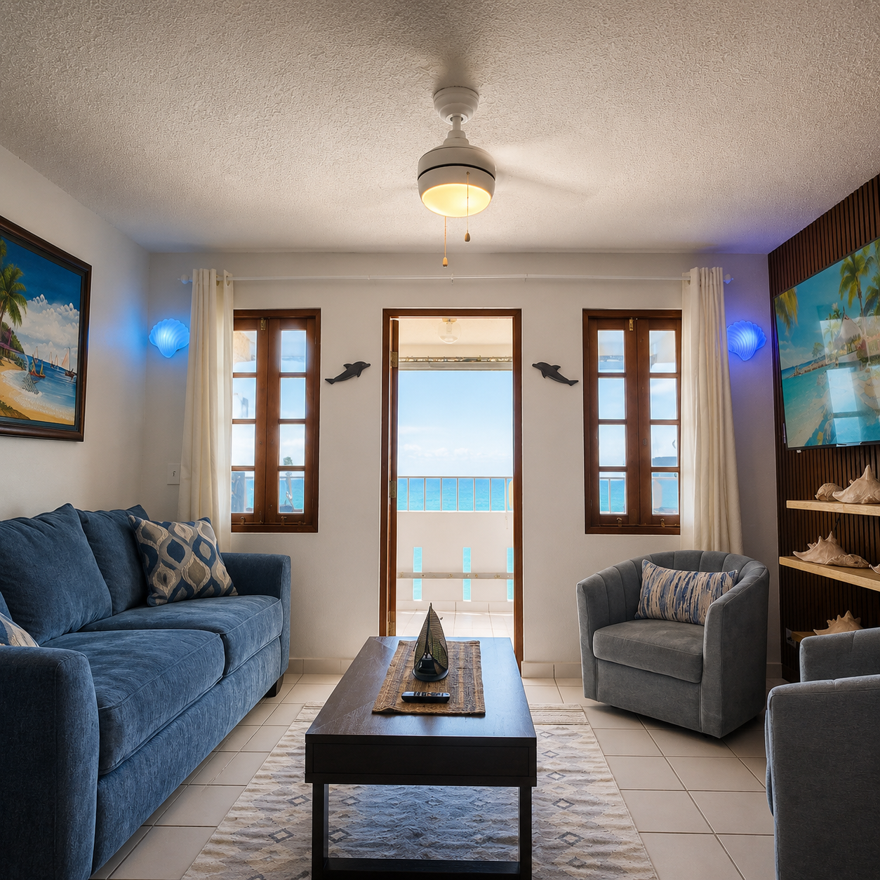 Oceanfront living room at Azure Sky Retreat